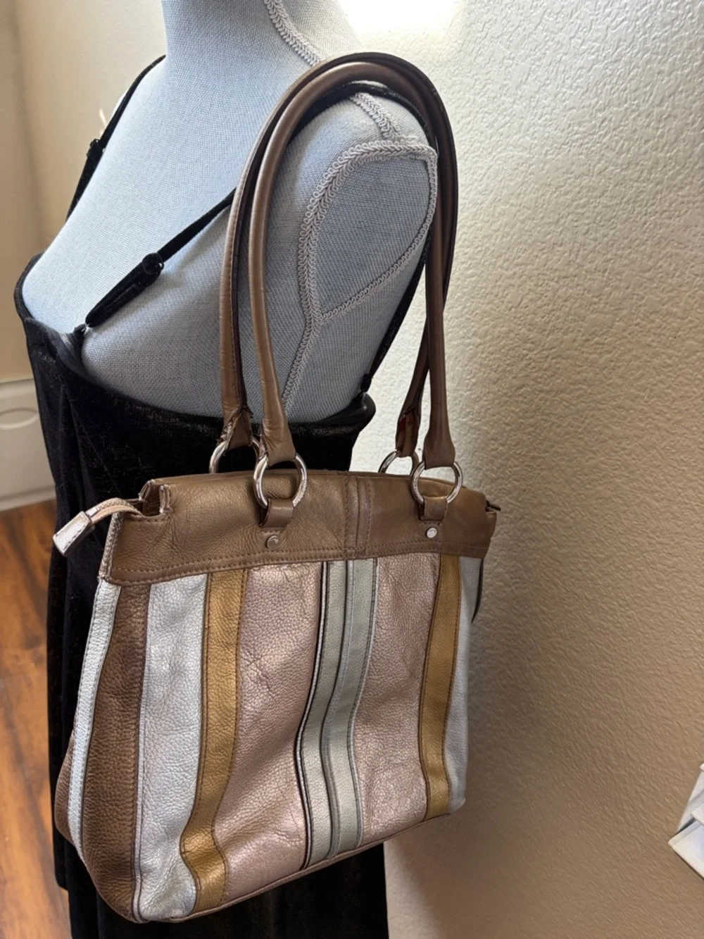 Tignanello Leather Tote Bag Brown Gold Silver Striped Shoulder Bag